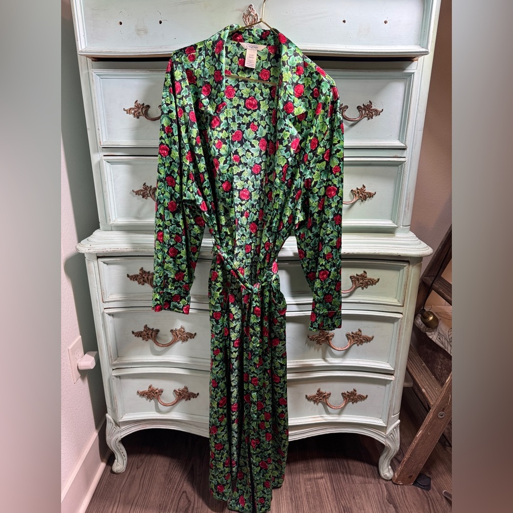 Vintage Vanity Fair Satin Robe with Red & Green Floral Design